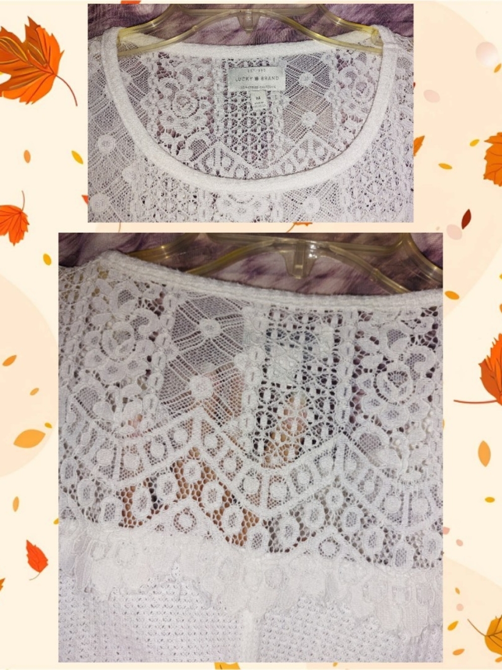 Lucky Brand brand Ivory L/S Soft Waffle Knit Hi-Lo Top w/Sheer Lace Yoke Sz Med - Picture 4 of 9